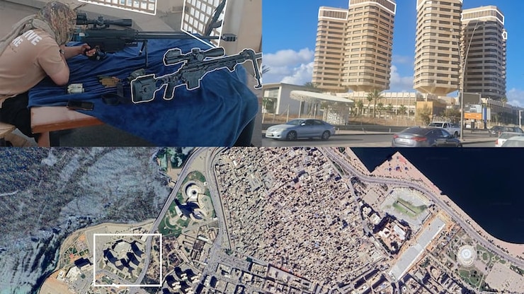 An illustration shows how CBC News matched distinctive angles and window patterns to these highrise buildings in Tripoli.
