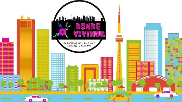 ES: Ilustración colorida del perfil de Toronto con la Torre CN, coches y el logo "Donde Vivimos".
FR: Illustration colorée de Toronto avec la Tour CN, des voitures et le logo "Donde Vivimos".
EN: Colorful illustration of the Toronto skyline with the CN Tower, cars, and "Donde Vivimos" logo.