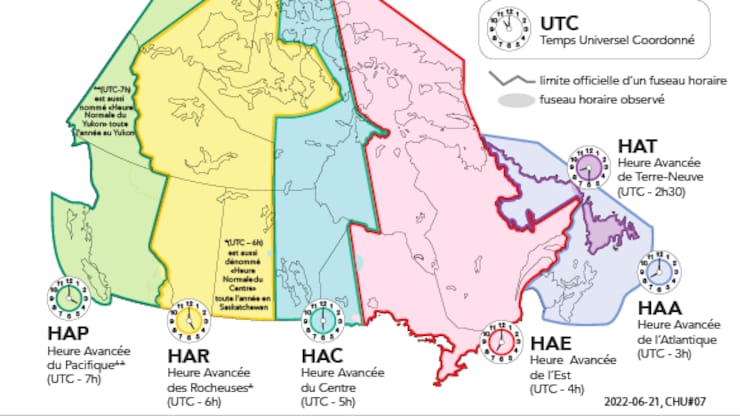 Mapa de los husos horarios de verano en Canadá.