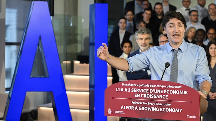 رئيس الحكومة الكندية جوستان ترودو معلناً في 7 تيسان (أبريل) 2024 من مونريال عن استثمارات بقيمة 2,4 مليار دولار في قطاع الذكاء الاصطناعي.
