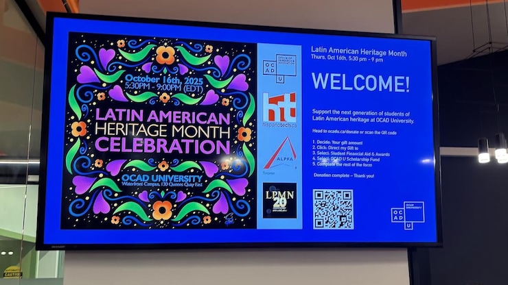 Esp: Pantalla digital de bienvenida para la 'Celebración del Mes de la Herencia Latinoamericana' en OCAD U.
Fr: Écran de bienvenue pour la 'Célébration du Mois de l'Héritage Latino-Américain' à OCAD U.
