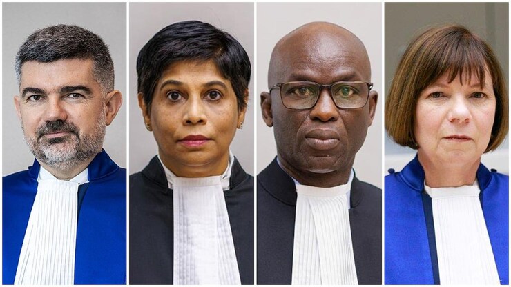 من اليمين: القاضية كيمبرلي بروست (كندية) ونائب المدعي العام مامي ماندياي نيانغ (سنغالي) ونائبة المدعي العام نزهت شميم خان (فيجية) والقاضي نيكولا غِيّو (فرنسي)، وهم جميعاً من المحكمة الجنائية الدولية وقد أعلنت واشنطن في 20 آب (أغسطس) 2025 فرض عقوبات عليهم.