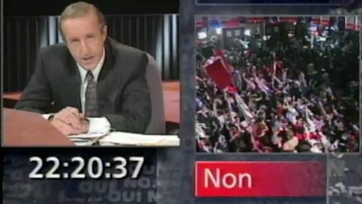 تلفزيون راديو كندا معلناً مساء 30 تشرين الأول (أكتوبر) 1995 فوز معارضي استقلال كيبيك، دعاةِ الحفاظ على الكونفدرالية الكندية.