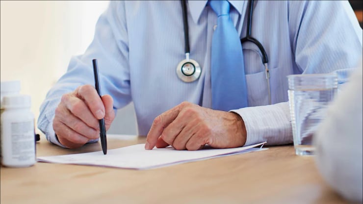 طبيب جالس إلى مكتبه (لا نرى رأسه) ويحمل سماعة طبية وقلماً.