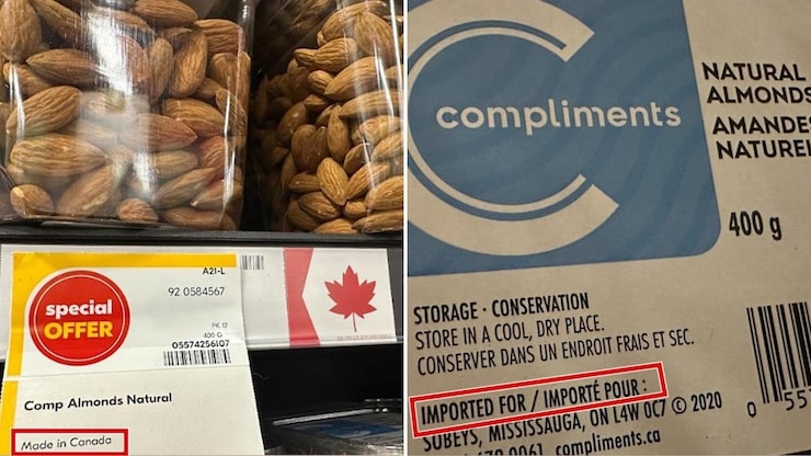 A grocery store display saying natural almonds are made in Canada, whilst packaging says it is rather imported for a Canadian brand.
