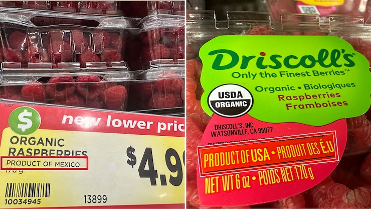 Raspberry packaging indicating "Product of USA" whilst the store label says it's from Mexico.