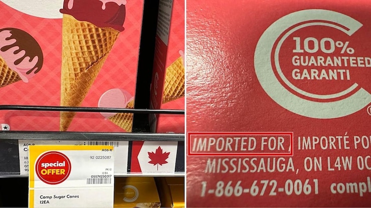 A note on a box of ice cream cones saying the product was imported, yet advertised on the shelf as a Canadian product.