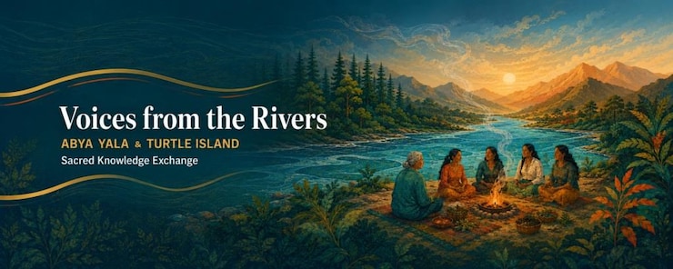ES: Cartel "Voices from the Rivers". Cinco mujeres sentadas junto al fuego frente a un río y montañas.
FR: Bannière "Voices from the Rivers". Cinq femmes autour d'un feu près d'une rivière et de montagnes.
EN: Banner "Voices from the Rivers". Five women sit around a fire by a river near mountains at sunset.