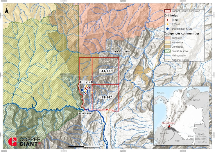 ES: Mapa topográfico detallando concesiones mineras y comunidades indígenas cerca del río Mocoa.
FR: Carte topographique détaillant les concessions minières et communautés autochtones au fleuve Mocoa.
EN: Topographic map detailing mining concessions and indigenous communities near the Mocoa River.