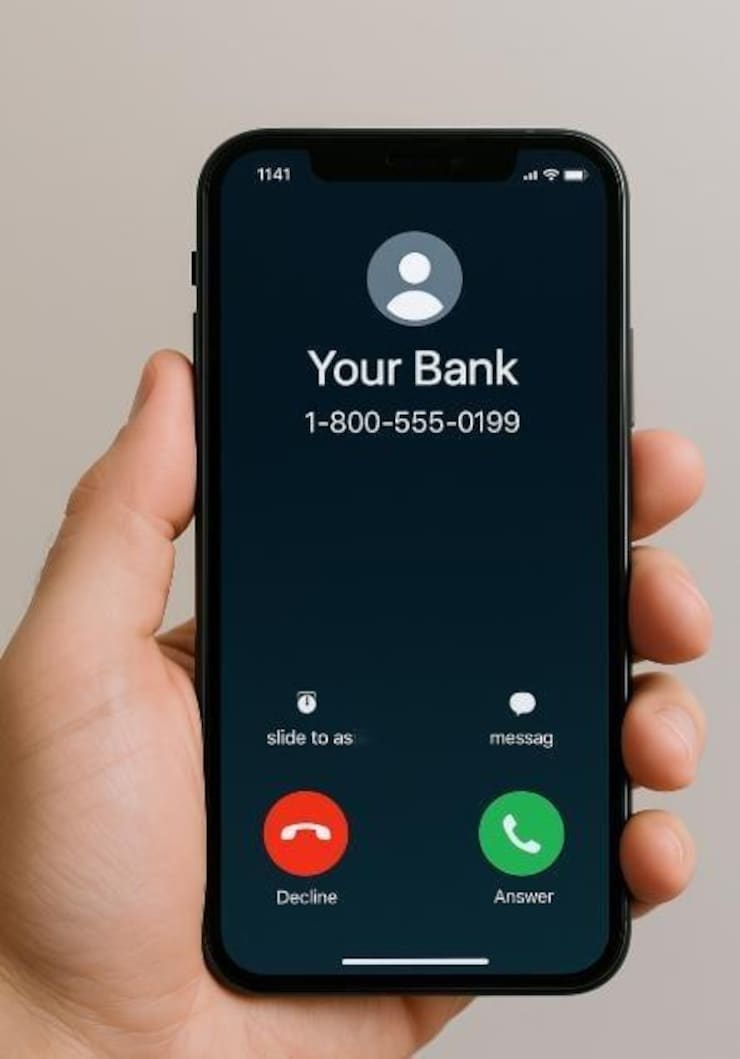 A hand holding a smartphone receiving a call from "their bank", which is likely a scam.