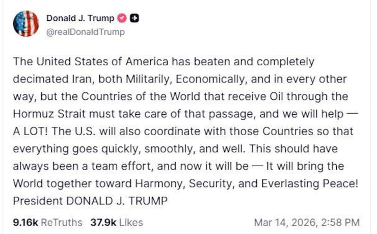 ES: Captura de publicación de Donald Trump sobre Irán, el Estrecho de Ormuz y la paz mundial. FR: Capture d'un post de Donald Trump sur l'Iran, le détroit d'Ormuz et la paix mondiale. EN: Screenshot of Donald Trump's post about Iran, the Strait of Hormuz, and world peace.