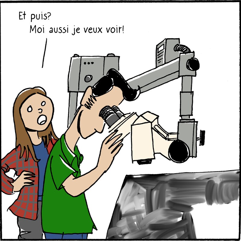 Francis regarde la toile de Riopelle dans le microscope. Tanya est derrière lui et s'écrie : « Et puis? Moi aussi je veux voir! »