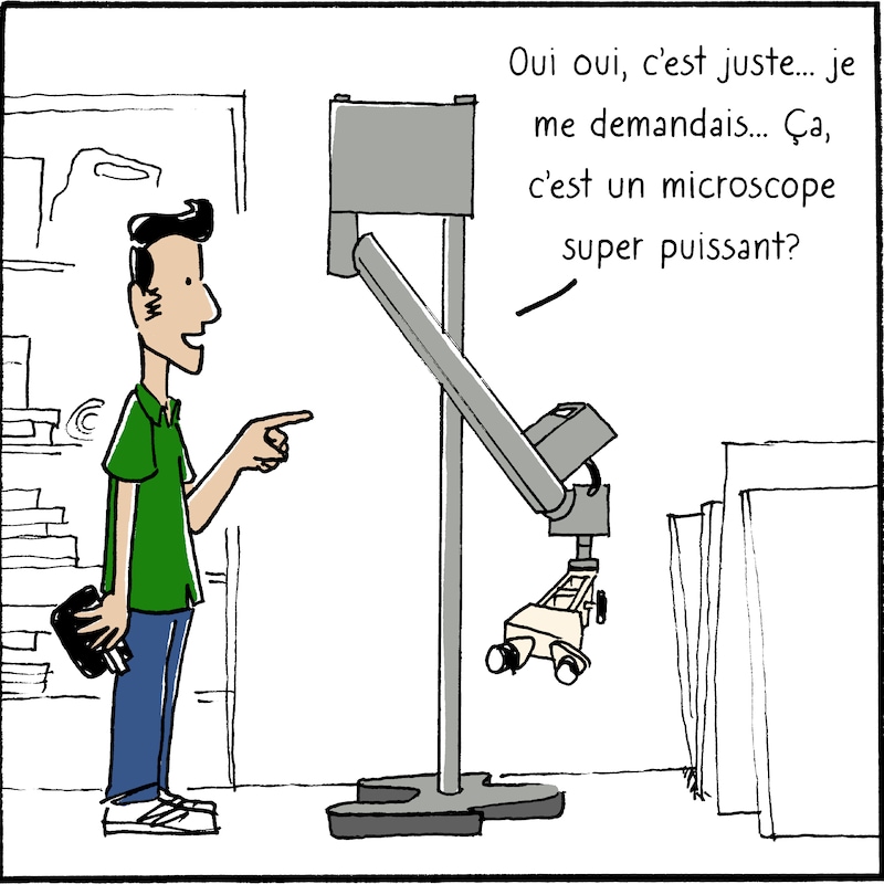 L'illustrateur répond : « Oui, oui, c'est juste... que je me demandais... Ça, c'est un microscope super puissant? »