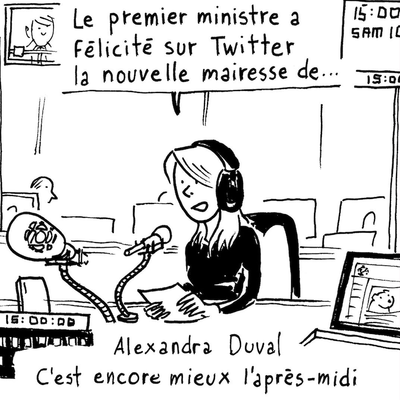 Alexandra Duval parle au micro de l'émission C'est encore mieux l'après-midi. Elle dit : «Le premier ministre a félicité sur Twitter la nouvelle mairesse de...».