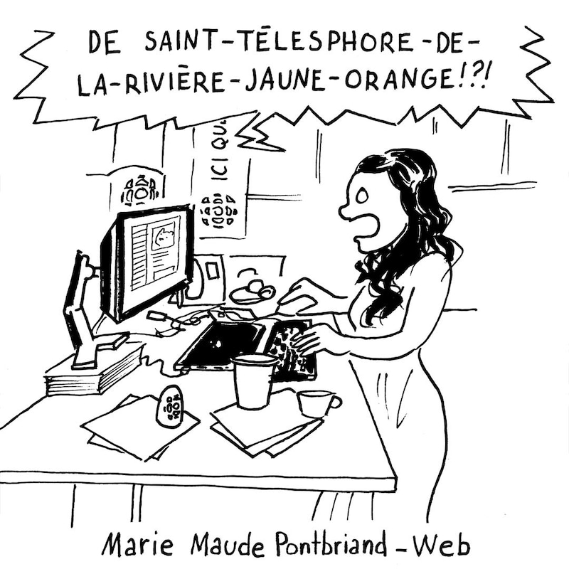 Illustration de bande dessinée en noir et blanc. On voit une femme, debout à son bureau, qui 'exclame devant son écran d'ordinateur. Elle dit : « De Saint-Télesphore-de-la-Rivière-Jaune-Orange!?! ».