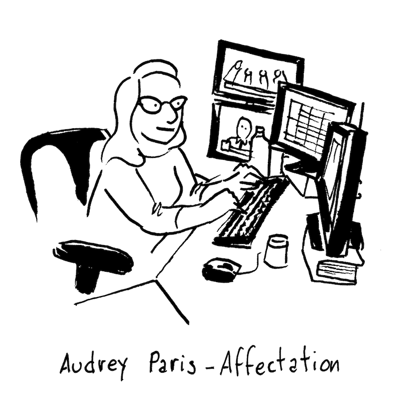 Illustration d'Audrey Paris, à l'affectation. Elle tape sur un ordi, avec de multiples écrans à son bureau.
