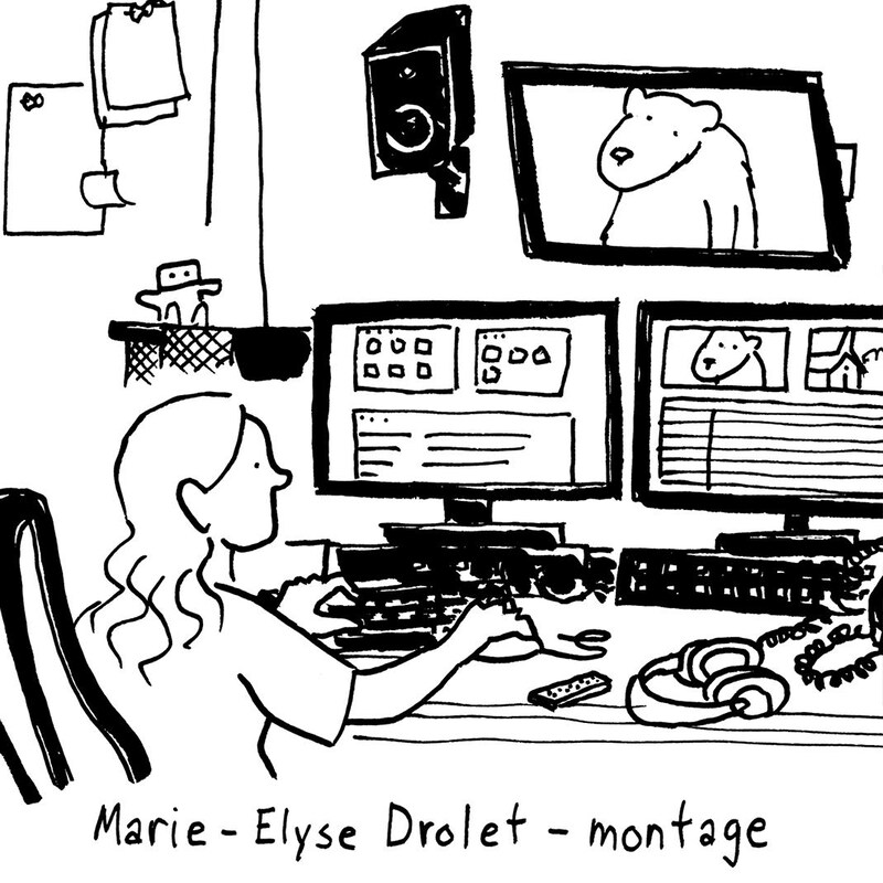 La monteuse Marie-Elyse Drolet est devant plusieurs écrans dans une salle de montage.