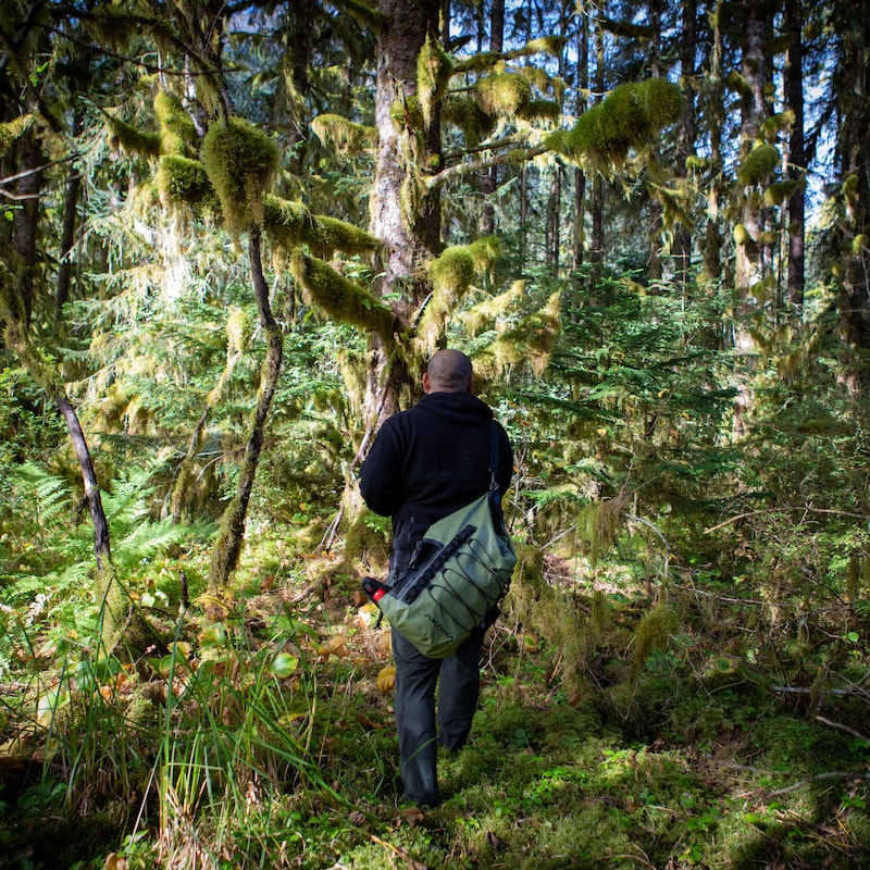 Doug Neasloss en train de marcher dans la forêt, près de Klemtu, en Colombie-Britannique, en octobre 2023.