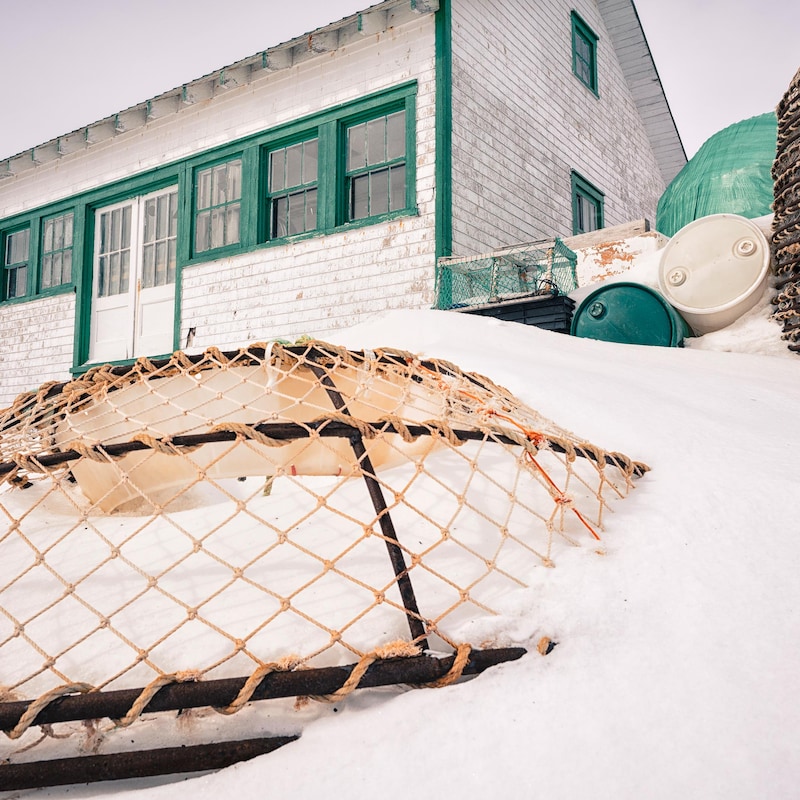 Des cages pour la pêche sont entassées dans la neige autour d'un bâtiment.