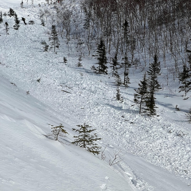 Au bas d'une pente de ski, il y a des amoncellements de neige provoqués par une avalanche.