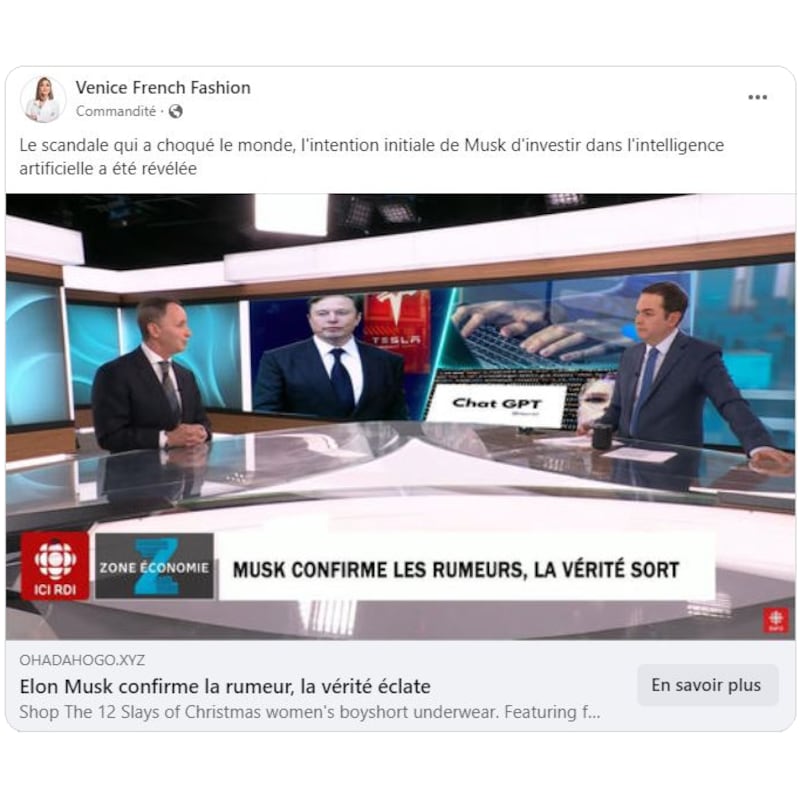 La publicité frauduleuse semble montrer une manchette pour l'émission Zone Économie de Radio-Canada où l'on peut lire «Musk confirme les rumeurs, la vérité sort».