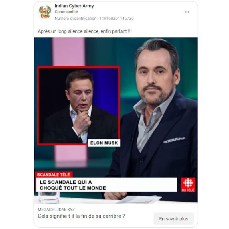 Une publicité frauduleuse où l'on voit Guy A Lepage et Elon Musk.
