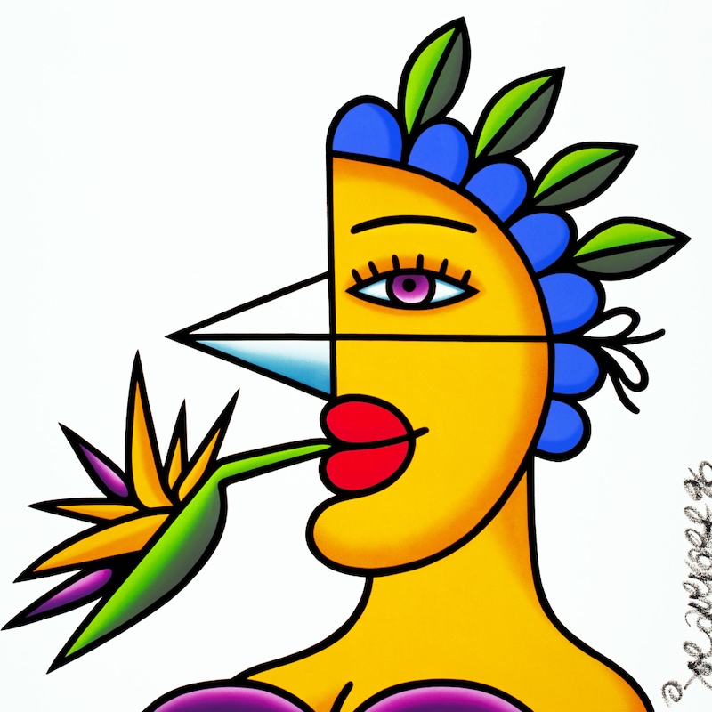 Peinture de Joe Average représentant le profil d'une femme avec un masque de bec d'oiseau sur le nez et avec une fleur dans la bouche.