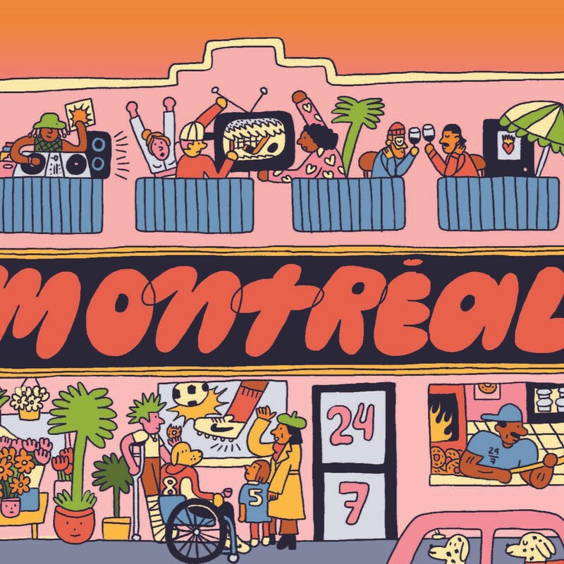 Le dessin très coloré montre des éléments typiques de Montréal, comme le mont Royal