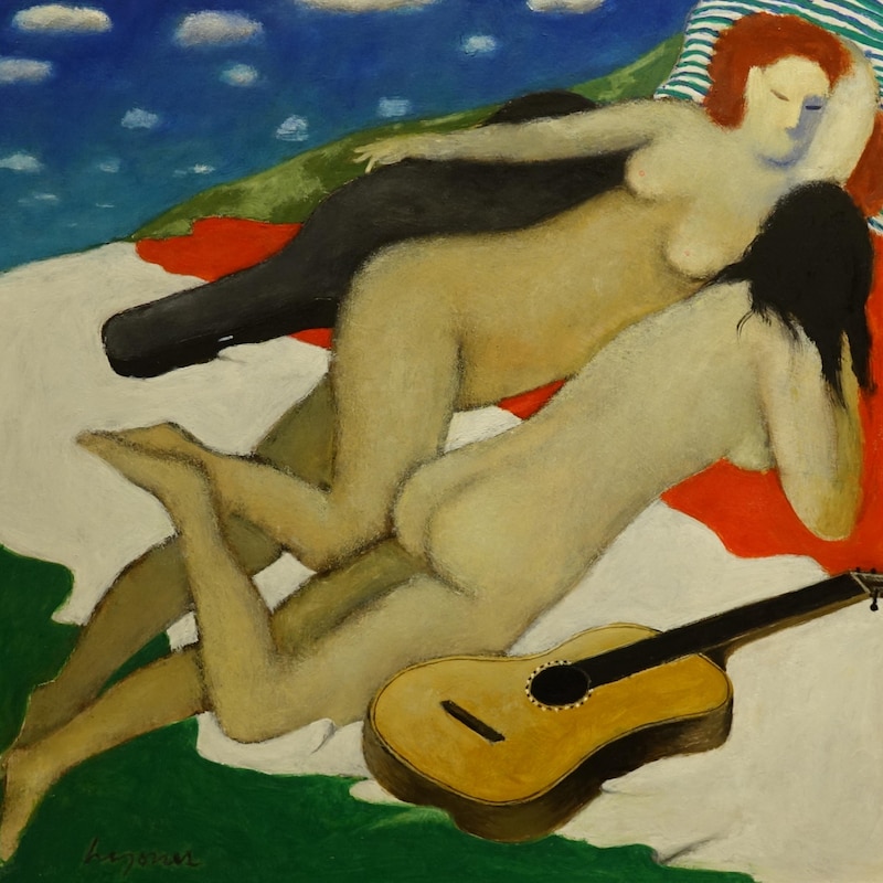 Toile représentant deux femmes nus avec une guitare par Henry Wanton Jones.