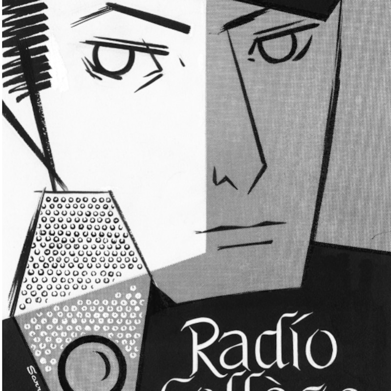 Affiche publicitaire dessin d'un homme derrière un micro, inscription Radio-Collège écrit dans le bas de l'affiche.