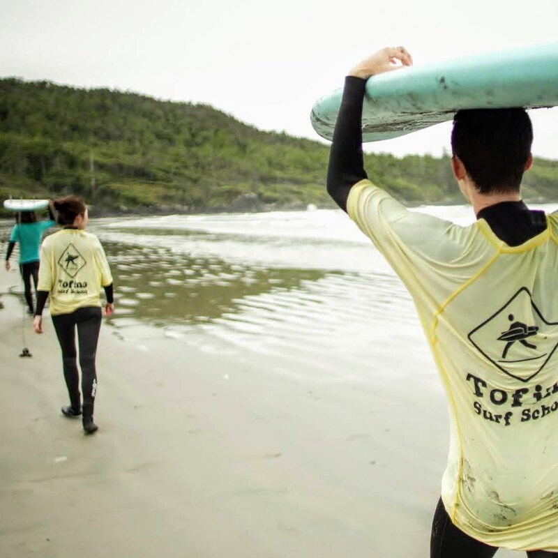 Des personnes portant des chandails de l'école de surf marchent sur la plage en tenant leur planche au-dessus de la tête.
