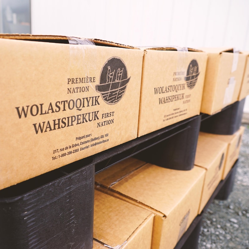 Des boîtes identifiées Première Nation Wolastoqiyik Wahsipekuk entassées sur le sol.