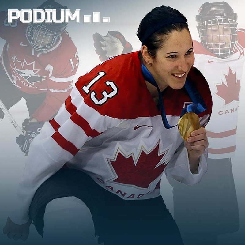 Montage photo dans laquelle on voit à l'arrière une joueuse de hockey tirer et une autre lever les bras au ciel. À l'avant au centre, une femme sourit en montrant fièrement sa médaille d'or.