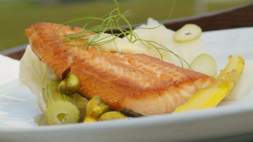 Un filet de poisson couleur saumon cuit dans une assiette, et entouré de quelques légumes.
