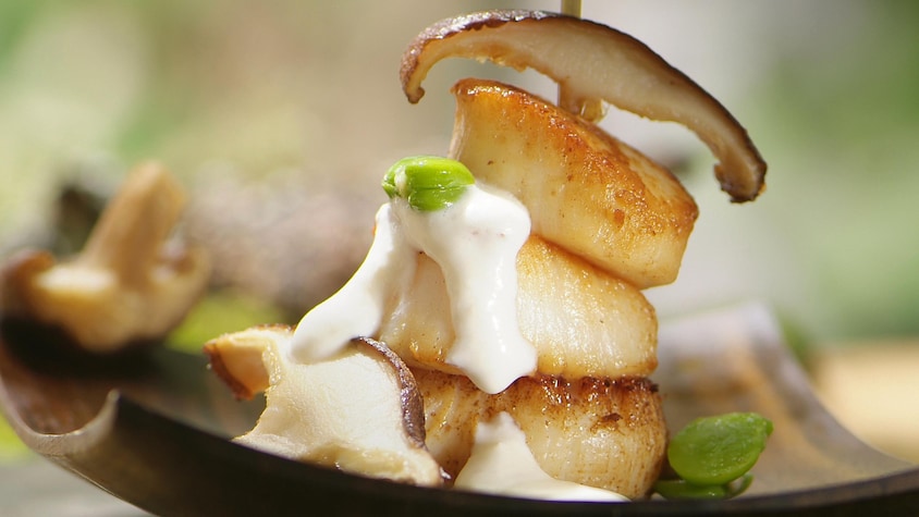 Brochette de 3 pétoncles, sauce blanche, champignons polypores de brebis sur une assiette carrée.