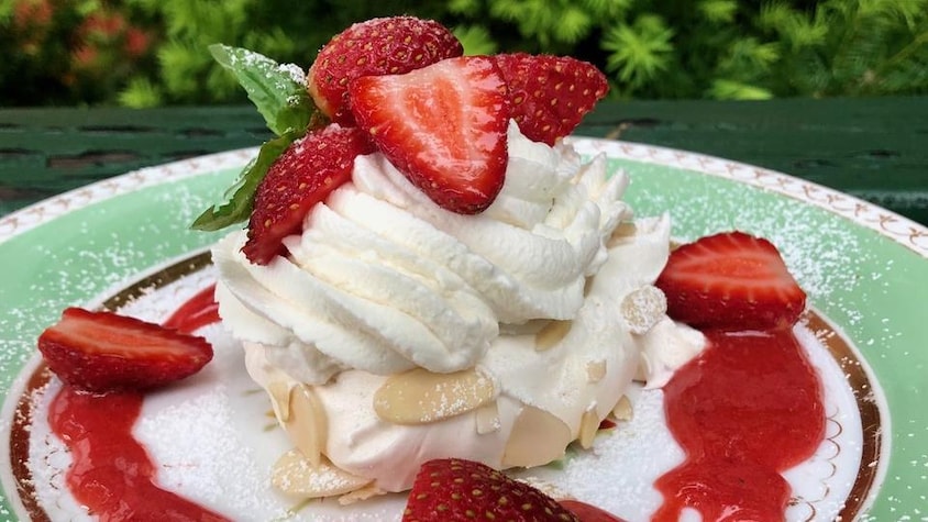 Un petit gâteau composé d'une meringue séchée, de crème fouettée et de petits fruits.