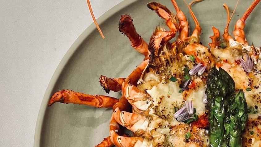 Dans une assiette repose un homard cuisiné avec des asperges et différentes herbes. 