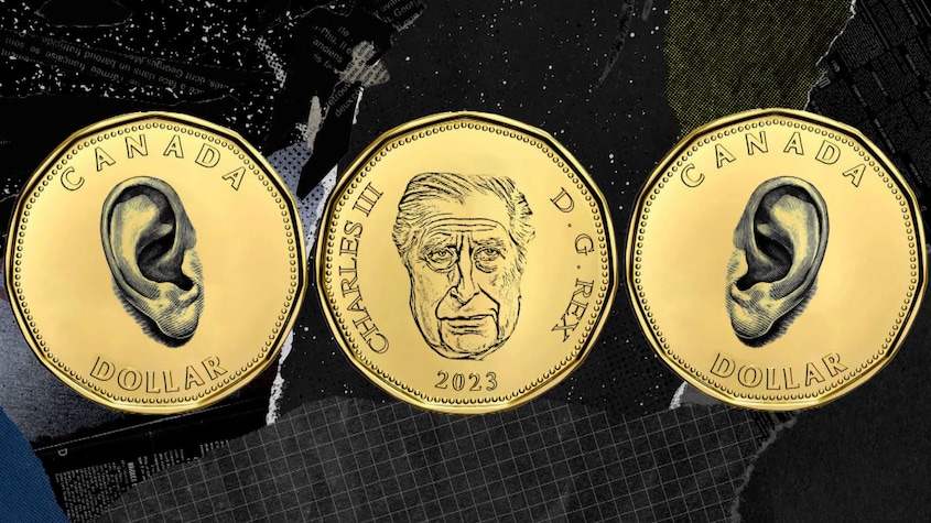 Trois pièces de monnaie d'un dollar canadien, avec le côté face qui représente le roi Charles III et le côté pile représentant une grande oreille.
