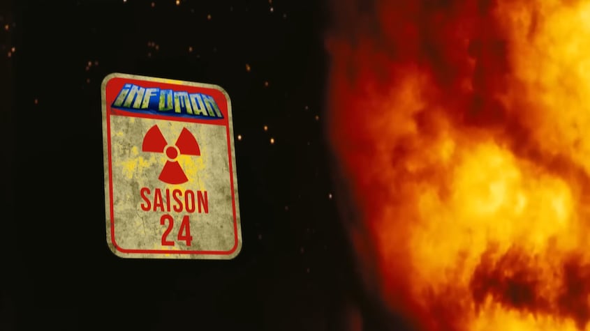 Zone 3 Un panneau radioactif où on peut lire Infoman saison 24 à côté d'une boule de feu explosive.