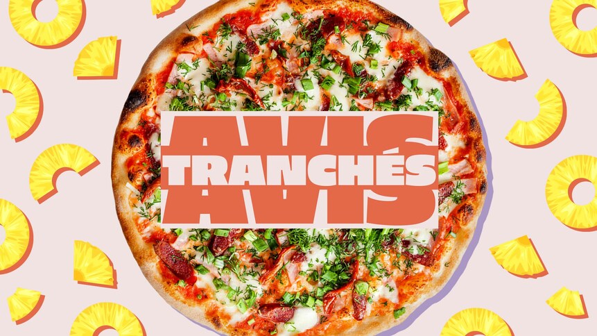Logo de l'émission avec une pizza hawaïenne, du céleri et de la poutine avec du ketchup. 