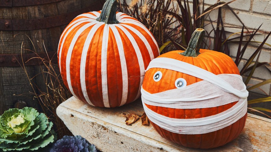 Deux citrouilles décorées pour l'Halloween.
