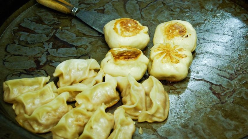 Des dumplings sont déposés sur une plaque chauffante.