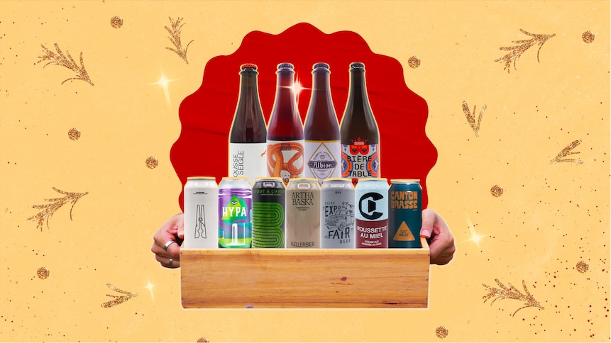 Illustration où on voit deux mains qui tiennent une caisse en bois dans laquelle il y a sept canettes de bière et quatre bouteilles en vitre de bière.