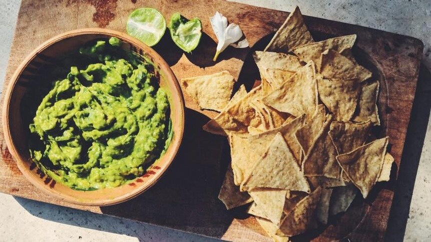 Un bol de guacamole et des croustilles de maïs sont déposés su rune planche de bois.