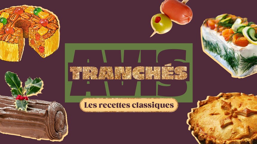 Un photomontage d'un pain sandwich, d'une bûche de Noël, un gâteau aux fruits et une saucisse cocktail avec le titre de la websérie.