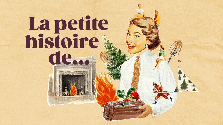 Une illustration de femme qui tient dans ses mains, une bûche de Noël au chocolat. En arrière-plan se trouve un foyer.