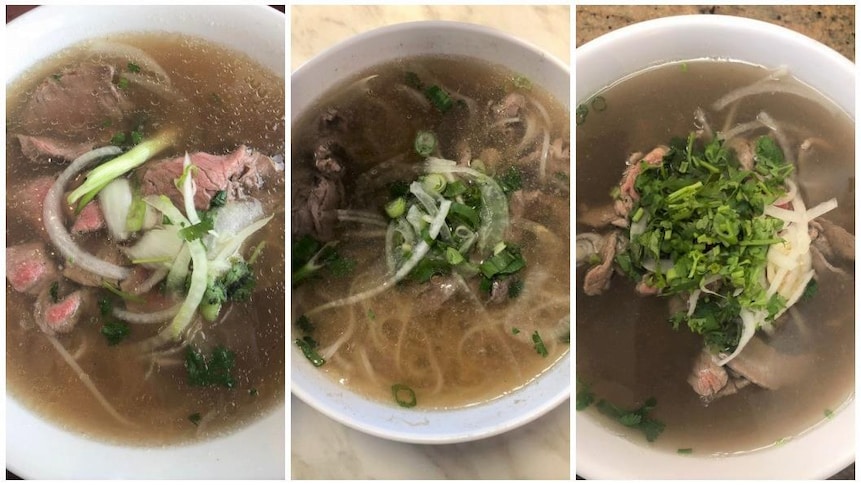 Trois soupes tonkinoises prêtes à être dégustées.