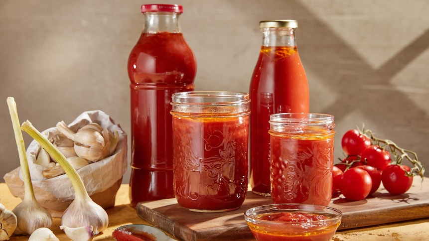 Cinq contenants en verre remplis de coulis de tomate.