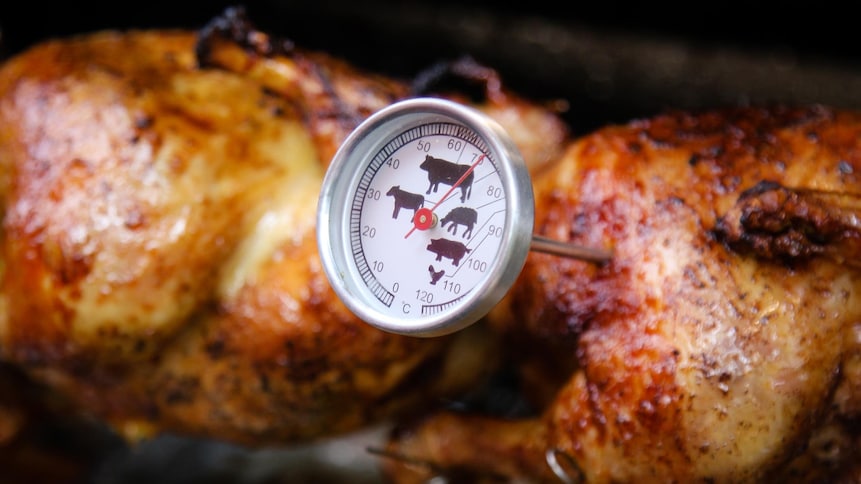 Un thermomètre à viande piqué dans du poulet.