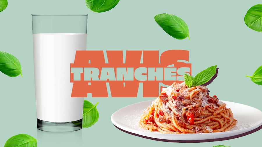 Un verre de lait, un plat de spaghetti et le logo d'Avis tranchés sur un fond vert.